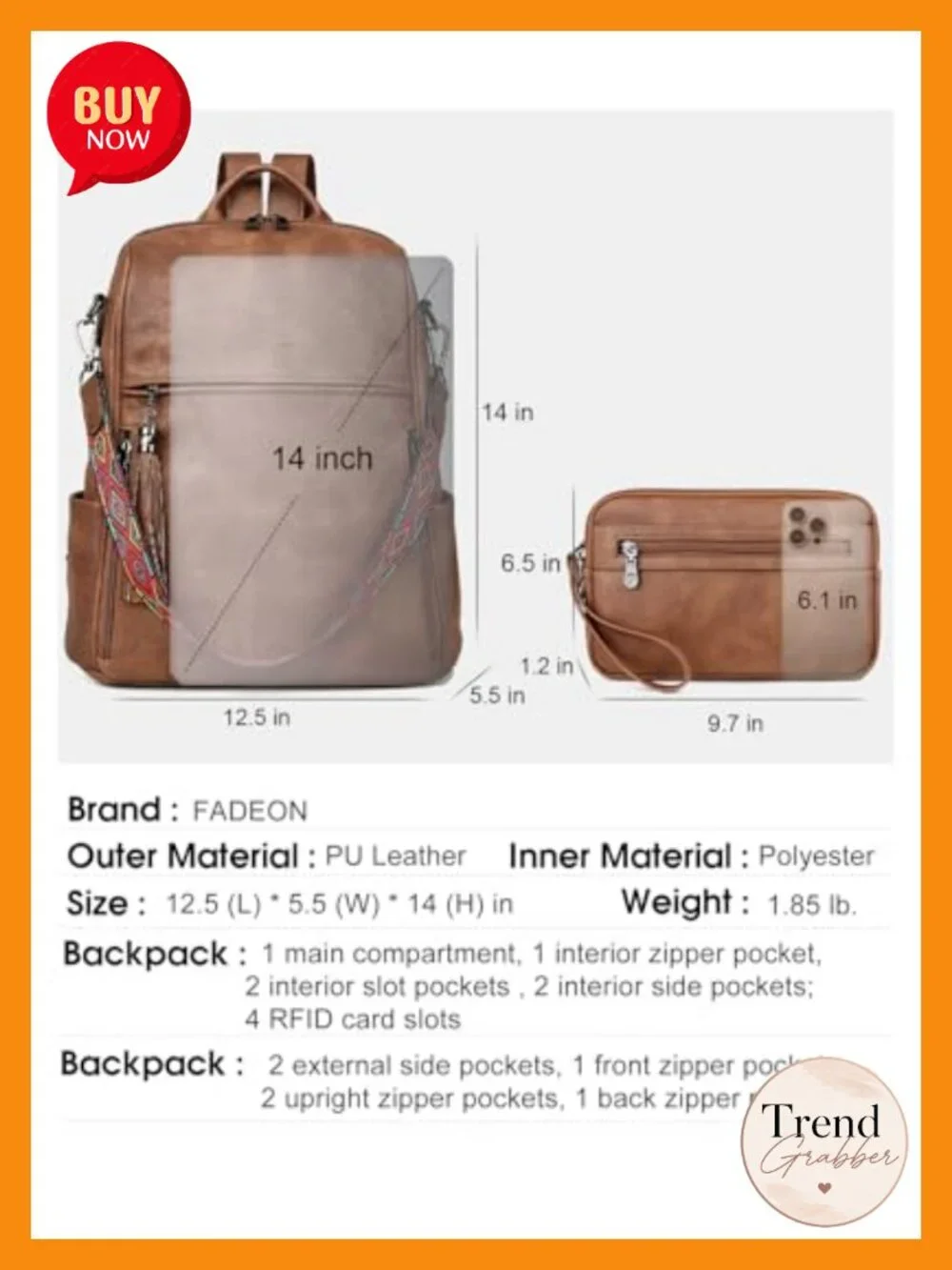 13 inch Waterproof PU Leather Laptop Backpack Convertible Travel Work Bag for